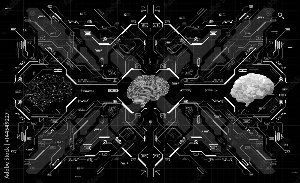 Poster conceptual polygonal brain with hud elements. background with futuristic user interface. design conc