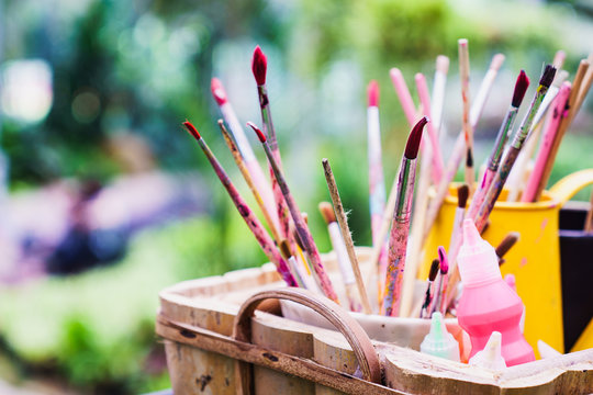 Abstract Close up of group art brush supplies