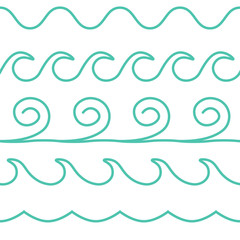 Vector turquoise line waves set on white background.