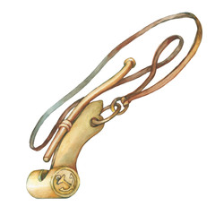 Illustration of old marine whistle. Hand drawn watercolor painting on white background.