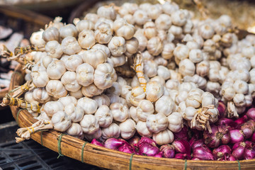 Garlic in the Vietnamese market. Asian food concept