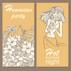 Set of invitation cards for a party in Hawaiian style with hand-drawn flowers, palm trees and girl with cocktail