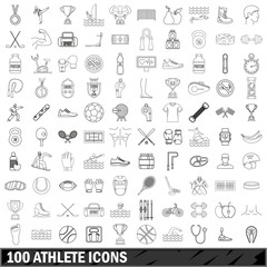 100 athlete icons set, outline style