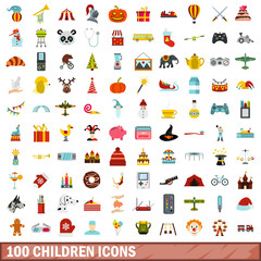 100 children icons set, flat style