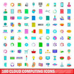100 cloud computing icons set, cartoon style