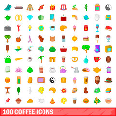 100 coffee icons set, cartoon style