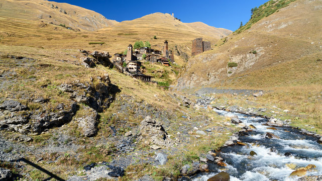 Old village Dartlo on river in Tusheti Nature Reserve. Georgia