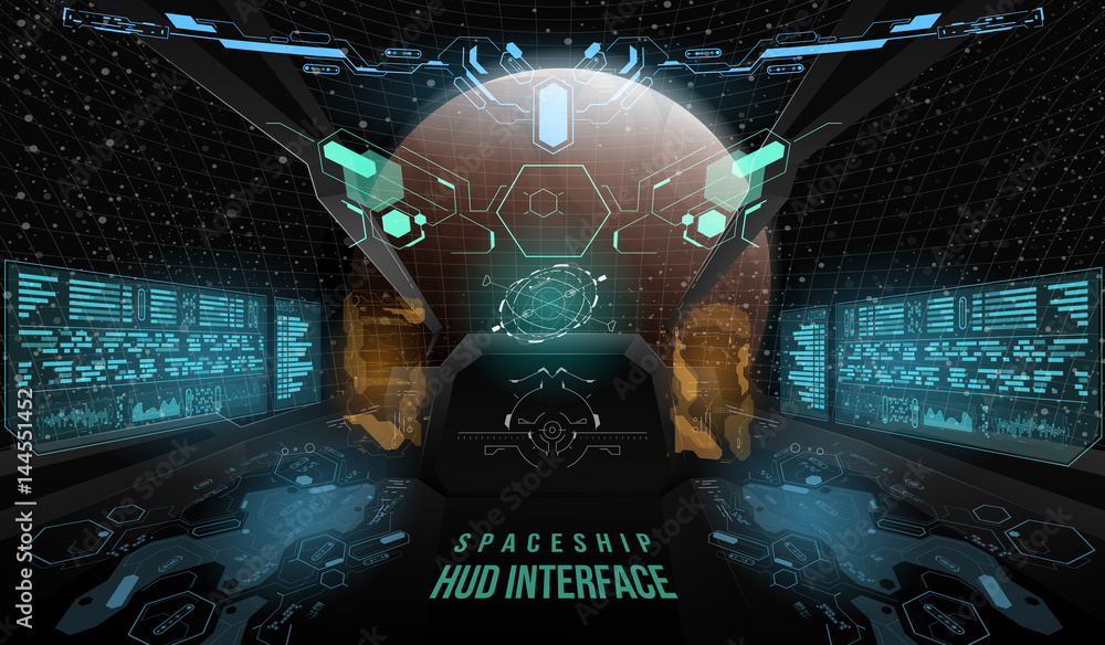Poster view from the cockpit spaceship. head-up display elements for the spaceship interface. template ui f