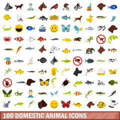 100 domestic animal icons set, flat style