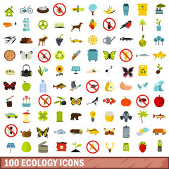 100 ecology icons set, flat style