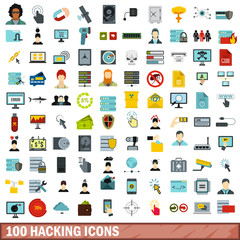 100 hacking icons set, flat style
