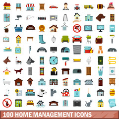 100 home management icons set, flat style