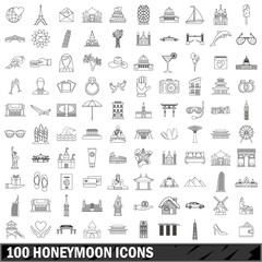 100 honeymoon icons set, outline style