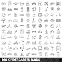 100 kindergarten icons set, outline style