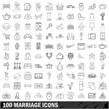 100 marriage icons set, outline style