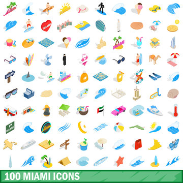 100 miami icons set, isometric 3d style