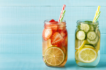 Detox fruit infused water. Refreshing summer homemade cocktail