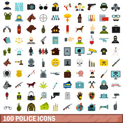 100 police icons set, flat style