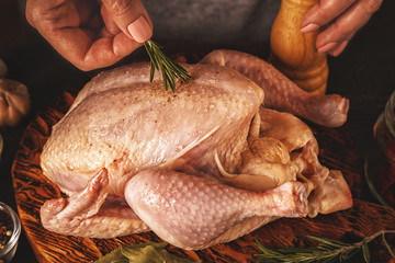 Raw chicken on wooden cutting board