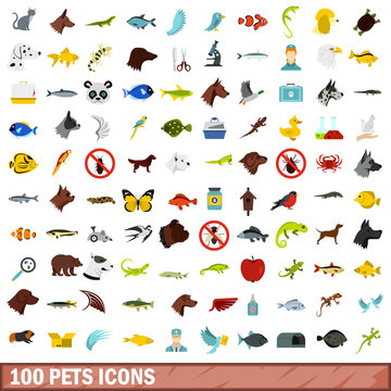 100 pets icons set, flat style