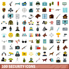 100 security icons set, flat style