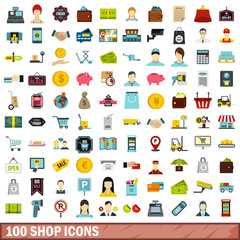 100 shop icons set, flat style