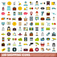 100 shopping icons set, flat style