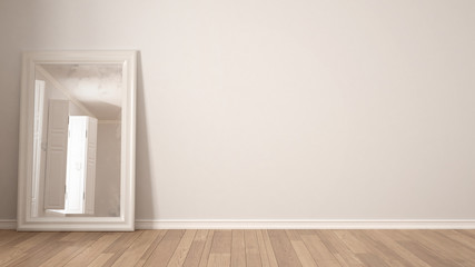 Fototapeta premium Scandinavian minimalist white background with mirror and parquet flooring, room interior design