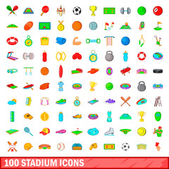 100 stadium icons set, cartoon style