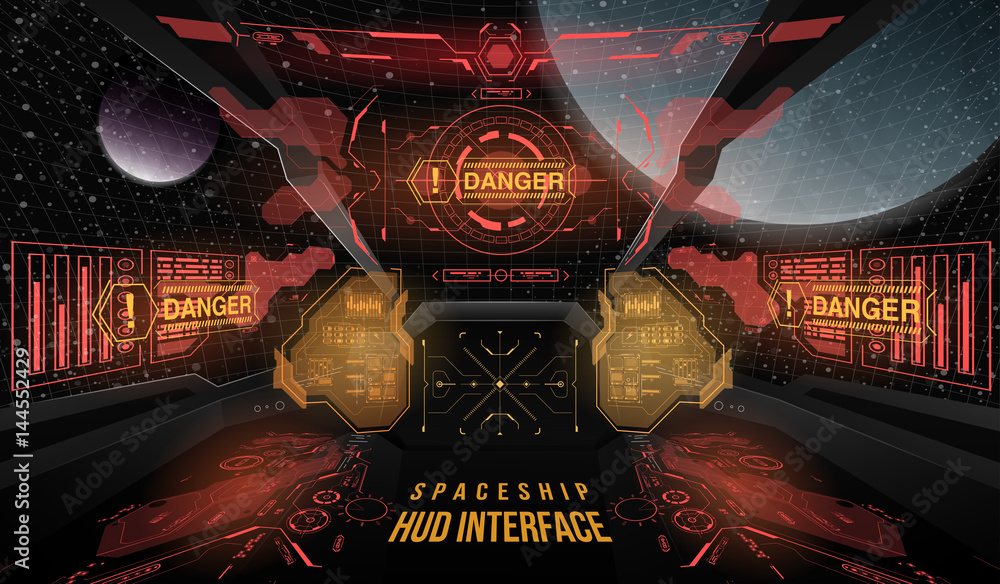 Poster view from the cockpit spaceship. head-up display elements for the spaceship interface. template ui f