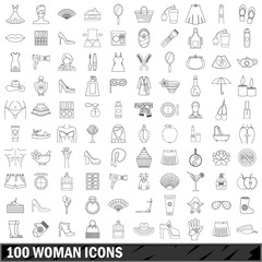 100 woman icons set, outline style