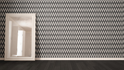 Scandinavian minimalist gray background with herringbone wallpaper, mirror and parquet flooring, room interior design