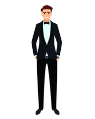 Young smiling man in a black tuxedo. Flat design. Vector illustration