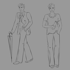 silhouette 6. man in a suit with an umbrella and a young man in a t-shirt and jeans with newspaper in hand