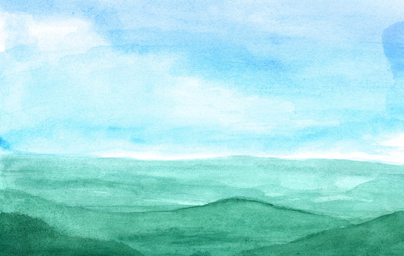 Mountains in the fog in watercolor