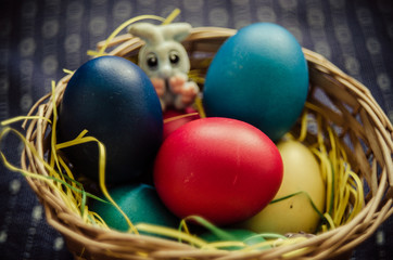 Easter Eggs and small bunny in basket