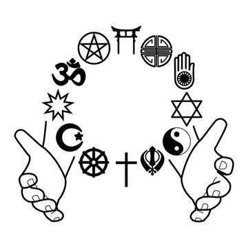 hands with combination of religious symbols. Symbols of major religions in the world. 