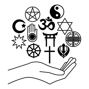 hand with combination of religious symbols. Symbols of major religions in the world. 