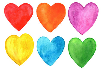 Isolated colorful hearts in watercolor