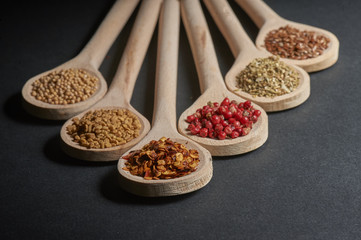 Various of spices in wooden spoons