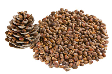 pine nuts and pine cone on wooden table