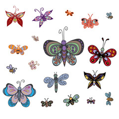 Set of butterflies of different styles