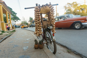VINALES, CUBA - DECEMBER 29, 2016: selling garlic and pineapples on the street in bicycle