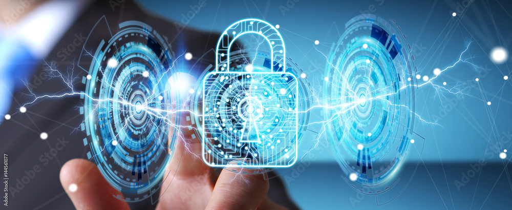 Aufkleber businessman using digital padlock to secure his datas 3d rendering
