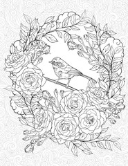 coloring page with a small bird and roses
