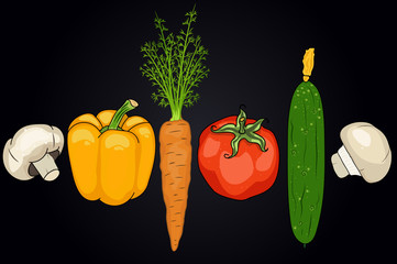 set of vegetables. pepper, carrots, tomato,cucumber, mushroom. useful vegetables. food for vegetarians. vector illustration. black background