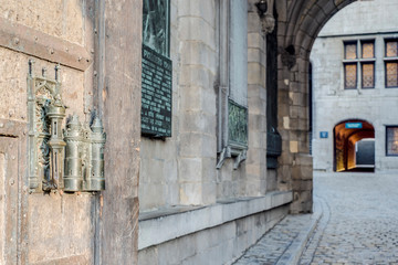 City Hall lock and door pull in Mons, Belgium.