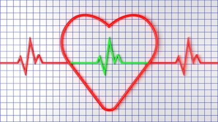 Red heart with pulse on graph paper. 3D rendering.