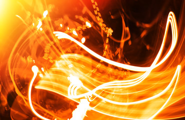 Vivid orange light illumination laser traces backdrop