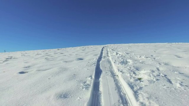 Tracking movement over ski marks in snow on sunny day